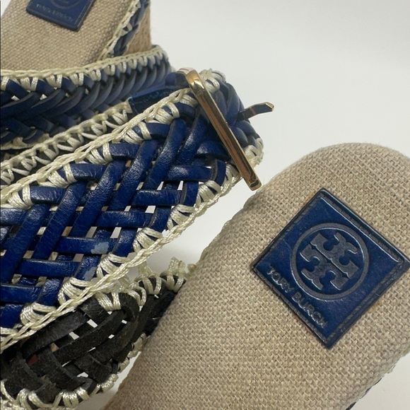 Tory Burch Lilah Wedges Espadrille Sandals High Heel Shoes Brown Navy Blue 8 - Picture 10 of 12